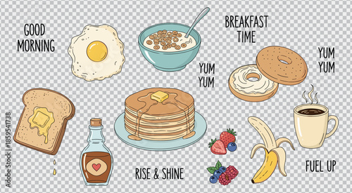 Hand drawn breakfast food collection good morning food set tasty morning meal healthy start