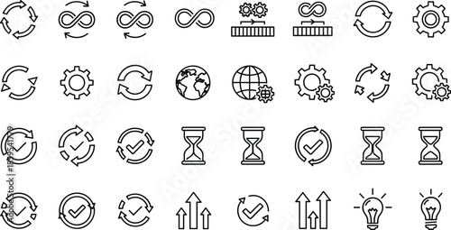 Process, workflow, cycle, outline, icons, set, automation, iteration, refresh, sync, optimization, progress, time, check, arrows, business, symbols, vector, illustration, pack
