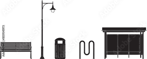 Urban street scene silhouette. This image showcases a collection of urban elements. A park bench, street light, trash receptacle, bicycle rack, and a bus shelter.