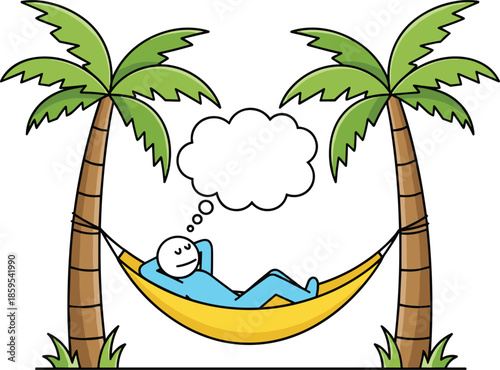 Relaxation concept illustration, person resting in hammock between palm trees, tropical vacation idea, stress free lifestyle, daydream thinking, leisure time, flat vector