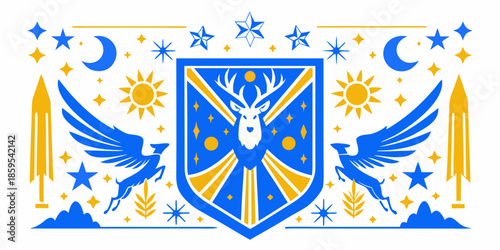 A heraldic shield with a stag wings and celestial elements in blue and gold