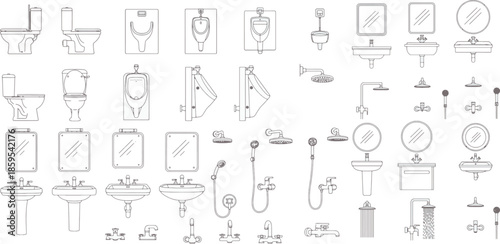 A comprehensive array of bathroom fixtures, rendered in elegant line art, presents a versatile set of design elements for architectural and interior design projects.