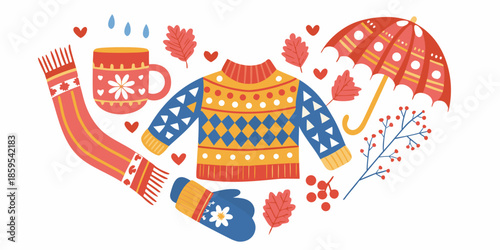 Autumn and winter themed items including umbrella sweater and warm accessories