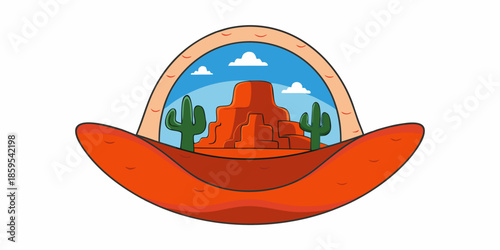 A cartoon cowboy hat frames a desert landscape with cacti and red rocks