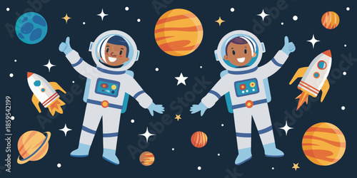 Two astronauts celebrate amongst planets rockets and stars in outer space