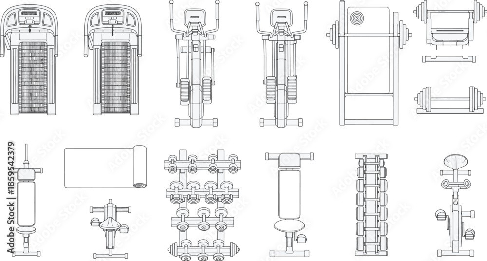 Fototapeta premium Gym equipment layout, illustrating the tools available for exercise and fitness in a fitness environment. Representing a detailed top-down view of the physical equipment.