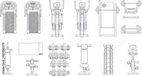 Gym equipment layout, illustrating the tools available for exercise and fitness in a fitness environment. Representing a detailed top-down view of the physical equipment.