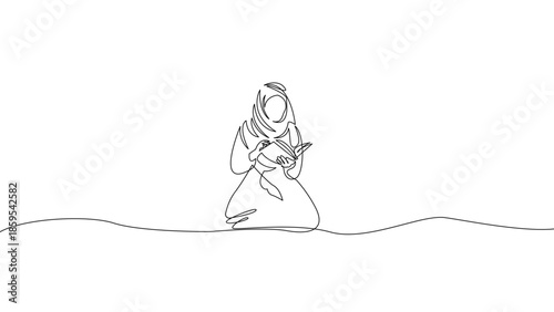 Continuous one line Muslim woman reading Quran illustration, Ramadan Islamic education and spiritual devotion concept, minimalist linear vector design