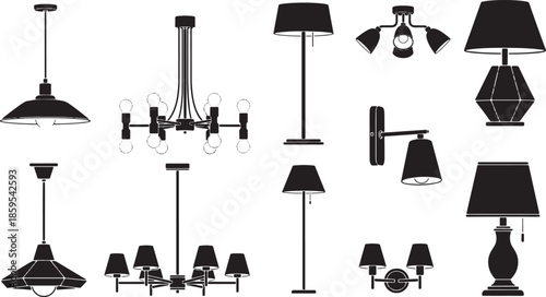 An array of contemporary lamps in silhouette creates a modern interior. showcasing a diverse collection of sleek, and stylish lighting fixtures in a minimalist aesthetic.