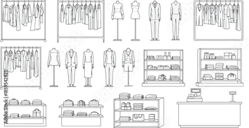 A detailed and organized illustration showcases the interior of a retail clothing store, presenting apparel and store fixtures.
