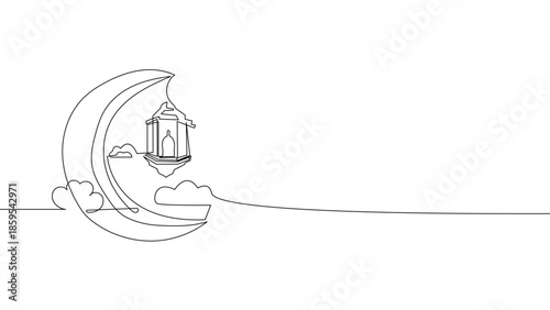 Continuous one line crescent moon with hanging lantern illustration, Ramadan and Eid al Fitr Islamic night decoration concept, minimalist linear vector design