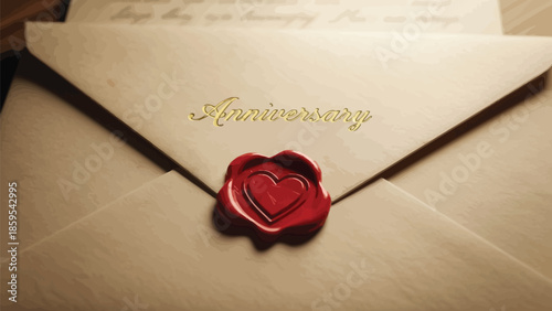 Elegant anniversary love letter sealed with a golden script and a romantic red heart wax stamp
