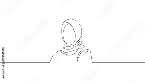 Continuous one line Muslim woman wearing hijab illustration, Islamic modest fashion and Ramadan spiritual identity concept, minimalist linear vector design