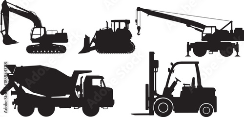 Silhouettes of heavy construction equipment. Showcasing the industrial machinery against a muted background. A powerful reminder of human ingenuity and construction progress.