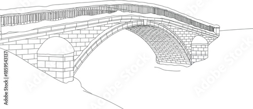 Coloring book outline drawing of an old stone arch bridge heavily covered in fresh winter snow