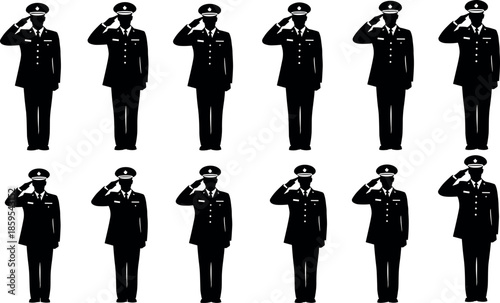 Military Officer Silhouettes Set Saluting in Uniform for Veterans Day Memorial Service Army Navy Air Force National Guard Pride Illustration