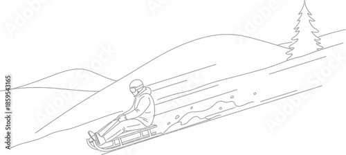 Simple line art drawing of a person sledding quickly down a snowy winter hill with a small evergreen tree