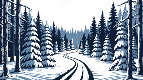 Winding snowy forest path illustration creates a serene and classic winter landscape design