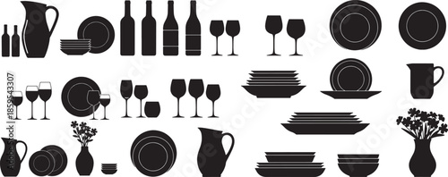 A collection of elegantly designed silhouettes showcases various tableware elements, arranged in a visually appealing composition, perfect for design and culinary applications.