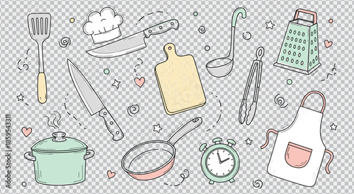 Doodle collection of cooking utensils and kitchen equipment hand drawn isolated objects