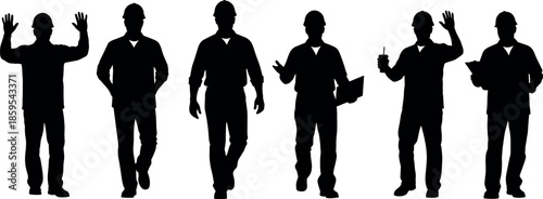 Set of construction worker silhouettes wearing hard hats and safety gear in various poses like walking waving and holding a clipboard