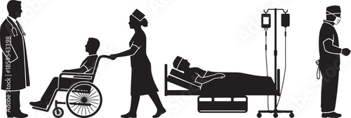 An Illustration captures the essence of healthcare through its stark silhouettes: a doctor, patient, nurse, and surgical scene.