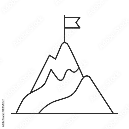 Minimalist Mountain Peak with Flag Icon, Linear Vector Illustration of Success, Achievement, Goal Completion and Outdoor Adventure