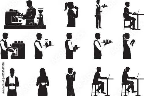 A collection of silhouetted figures engaged in various café and barista activities, from brewing coffee to serving customers, depicting a dynamic coffee culture.