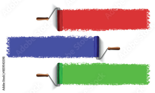 Colorful paint roller and paint stroke white background