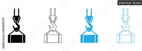 A set of industrial crane hooks lifting containers in various colors and styles for use in industrial and construction contexts.