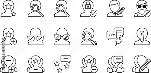 User profile action icon set illustration, identity verification search communication symbols, account security management concepts, social interaction feedback, outline flat vector