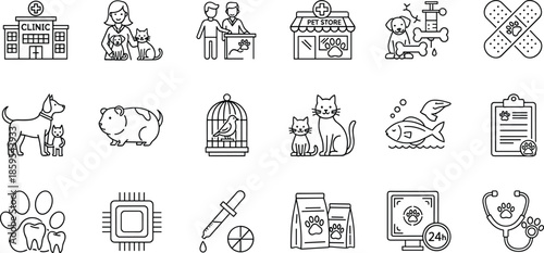 Veterinary, pet, care, outline, icons, set, animal, clinic, dog, cat, medical, health, service, grooming, food, treatment, hospital, symbols, vector, illustration