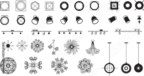An array of architectural lighting options displayed as a comprehensive set of illustrations, showcasing design elements of light fixture.