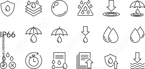 Waterproof and water resistance icon set illustration, IP66 protection symbols, rain droplet moisture safety concepts, industrial weatherproof outline vector