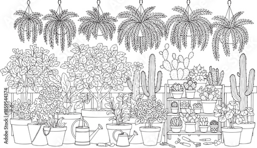 An idyllic array of diverse botanical wonders, each in its own pot, gracefully adorns a charming garden scene. A picturesque assembly of greenery, from suspended ferns to towering cacti. 