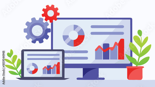 Conceptual business intelligence illustration with computer, laptop, graphs, charts, gears and plants on white background, representing data