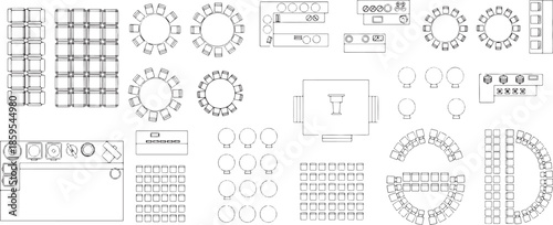 A top-down architectural layout of meeting area with tables, chairs, and other arrangement options for a versatile setting.