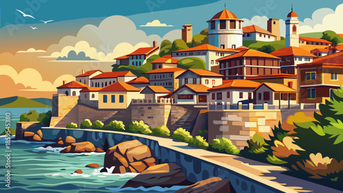 Very beautiful panoramic view of the historic embankment in Sozopol, Bulgaria, with preserved stone fortifications overlooking the peaceful Black Sea coastline.