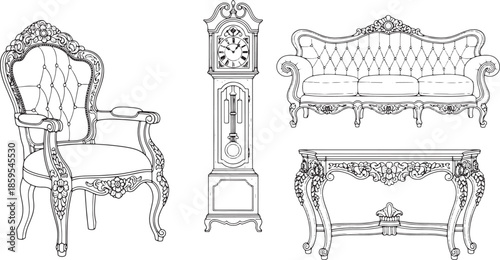 Intricate antique furniture, a chair, a clock, a sofa and a table, all in a black and white line art arrangement, a timeless symbol of elegance and classical design.
