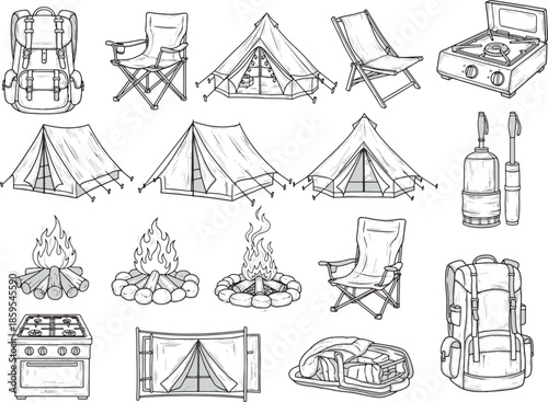 A meticulously illustrated collection of camping gear, capturing the essence of outdoor adventure and the comforts of nature, rendered in striking monochrome, ready for adventure.