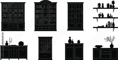 Elegant silhouettes of antique furniture, showcasing intricate craftsmanship and classic design, are artfully arranged in a row.