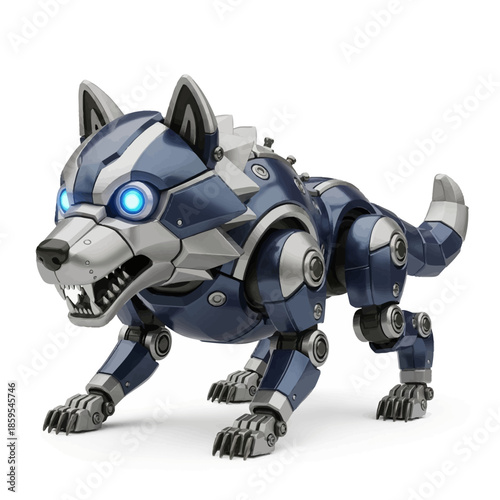Detailed Mechanical Wolf Robot with Glowing Blue Eyes.