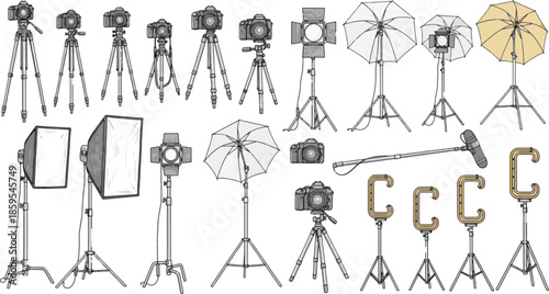 An artistic composition that presents the intricate gear and equipment used in the art of photography. Explore the world of image capturing.