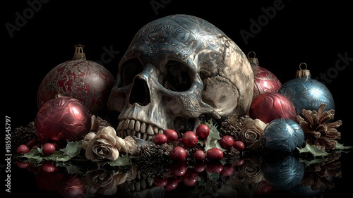 Ein weihnachtliches Gesteck mit einem Totenkopf.