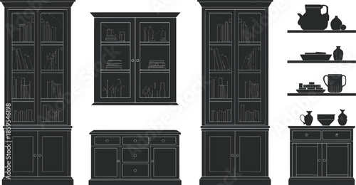 Classic collection of meticulously crafted, elegant cabinetry and shelves, silhouetted against a backdrop that accentuates their refined form and timeless allure.