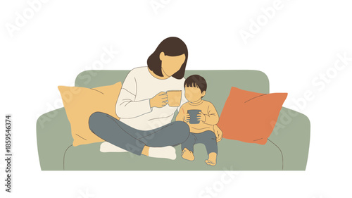 A mother and child sitting on a green sofa, both holding cups, in a minimalist illustration.