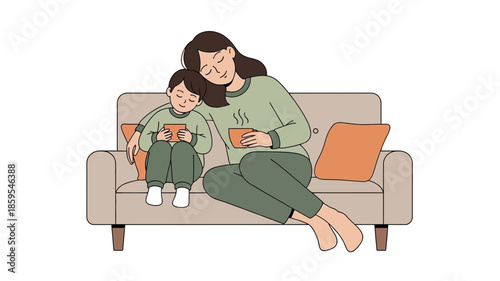 A mother and her young son are relaxing on a couch, both holding cups and appearing to be enjoying a quiet moment together.