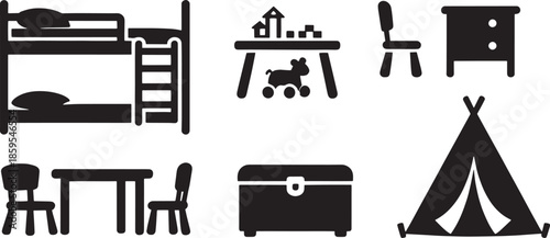 Black and white line art illustrates essential elements of a child's bedroom and play space. From bunk beds to a whimsical teepee, this image offers a delightful portrayal of childhood.