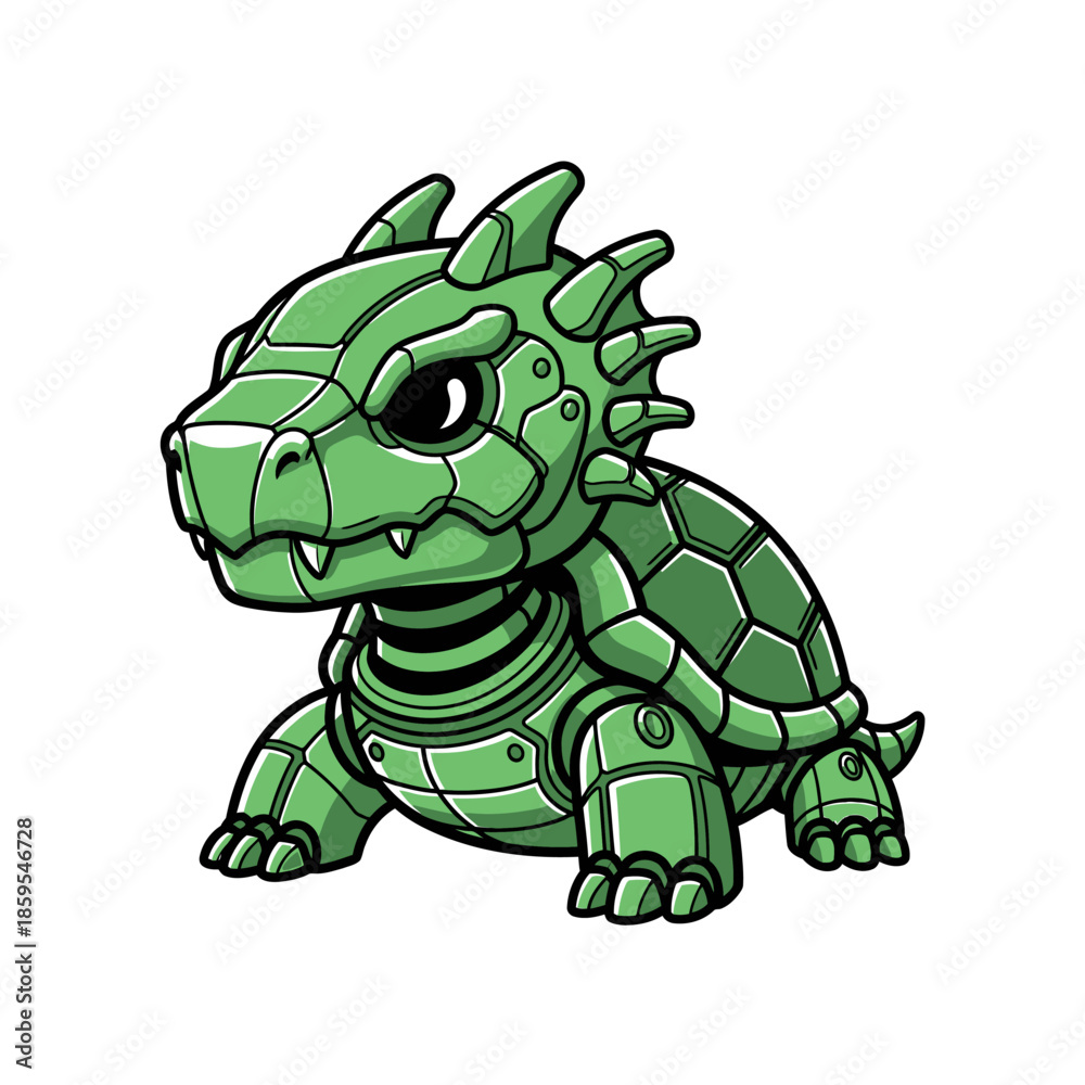 Fototapeta premium Green Robot Turtle Creature with Spikes and Shell.