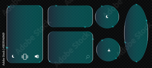 3d Liquid glass smartphone icons interface isolated for dark theme. Red UI light frame square and circle banner with glow stroke.